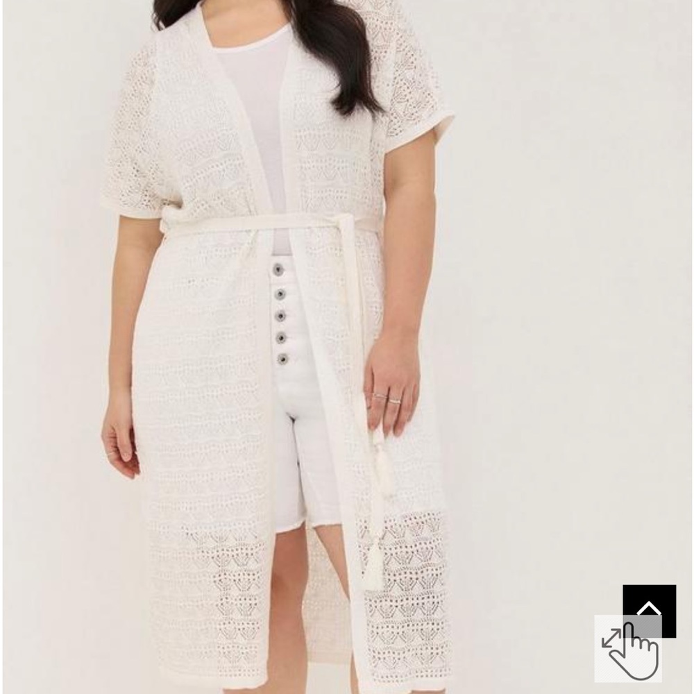 TORRID cream Crochet Duster Short Sleeve Tie Waist Sweater